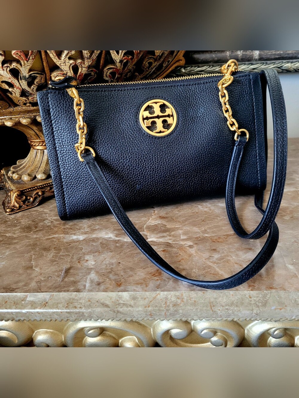 Tory Burch Carson Zip Top Pebbled Leather Crossbody in Black 9"×6"×1" - Picture 3 of 16